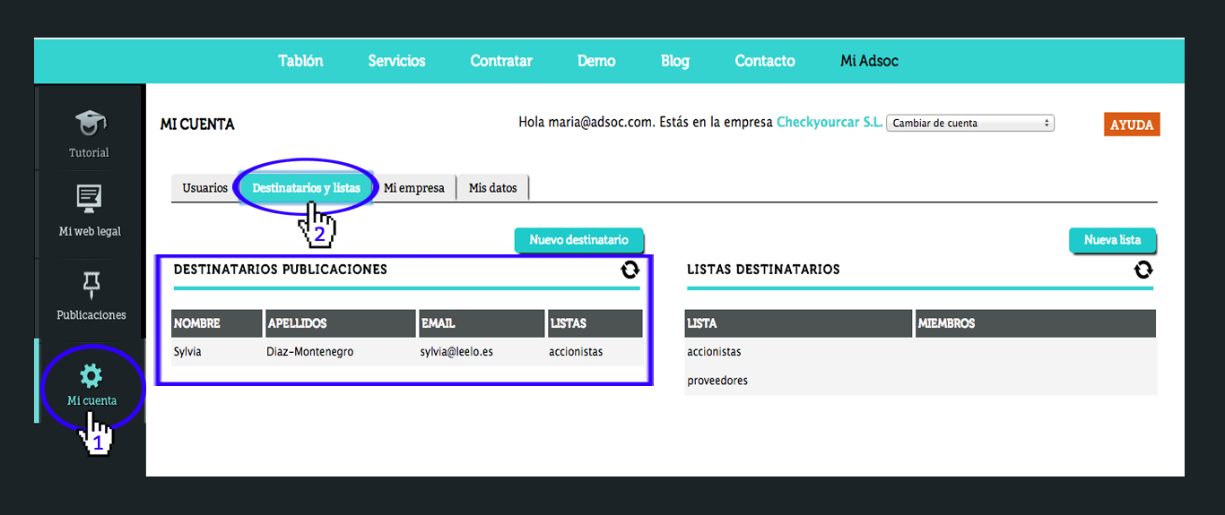 tabla nuevo destinatario